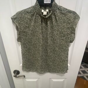 Monteau Black and White Ruffled Blouse with Mandarin Collar